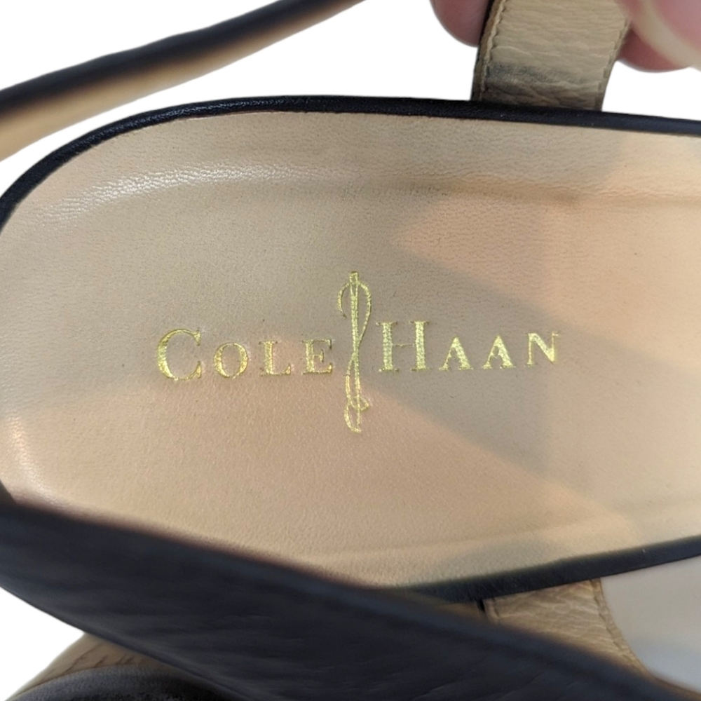 Cole Haan Gillian Mid Wedge Leather Sandals 10 Black Cork Platform Ankle Strap - Picture 12 of 14